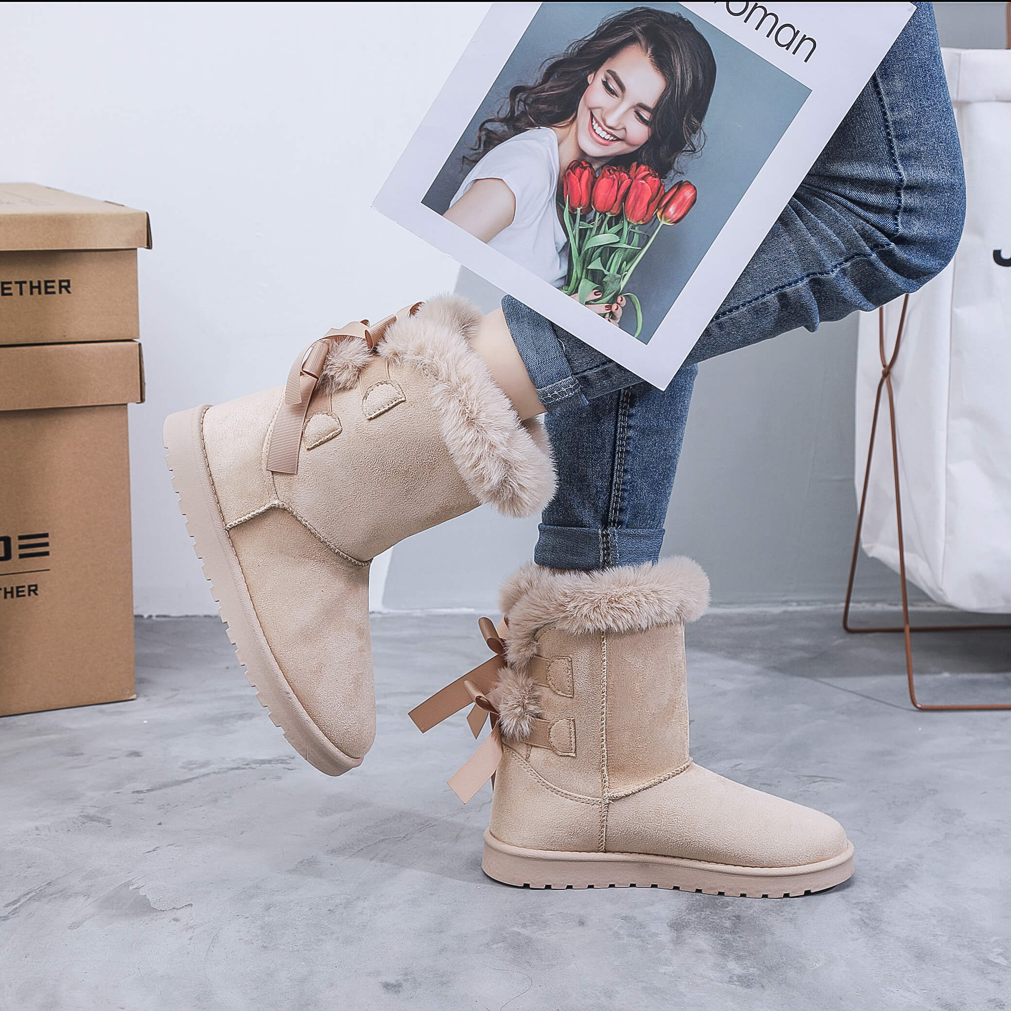 Boots fourrées en suédine à noeud - Gallantry Shop