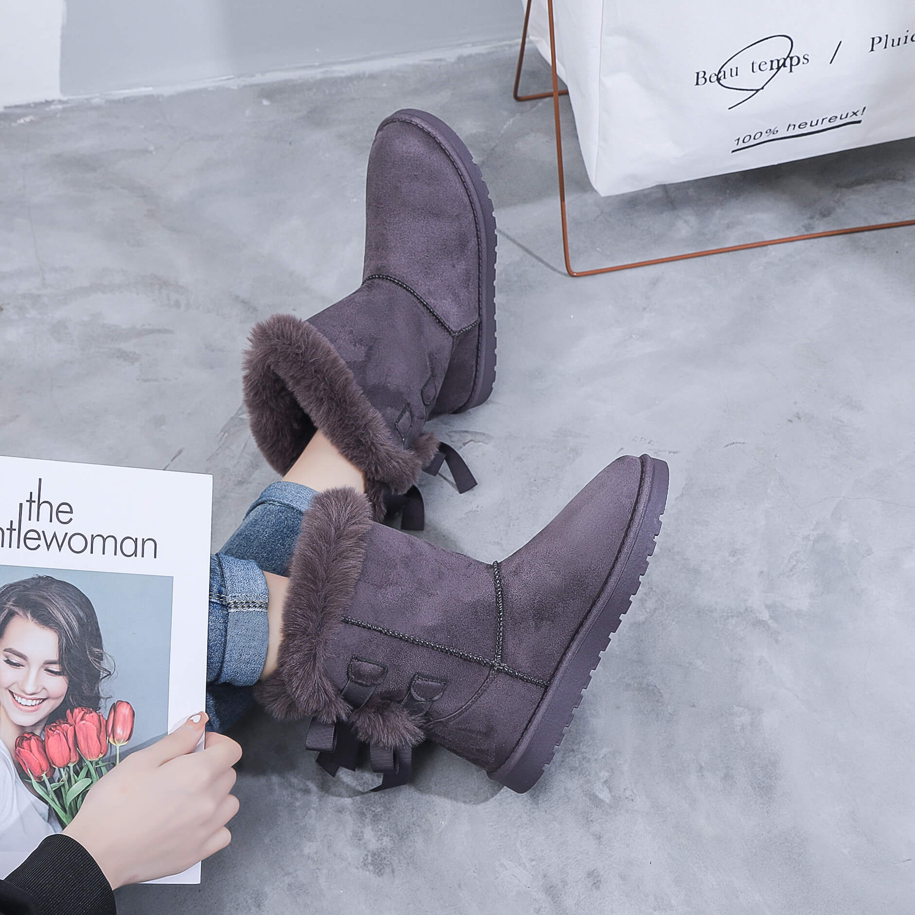 Boots fourrées en suédine à noeud - Gallantry Shop